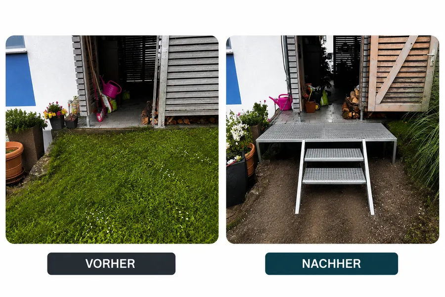 Außentreppe Montage in Ravensburg – Stahltreppe Garten Vorher-Nachher