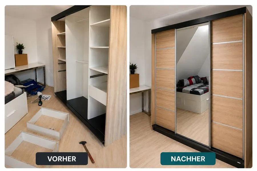 Schrankmontage Schlafzimmer in Tettnang – Schiebeschrank mit Spiegel Vorher-Nachher